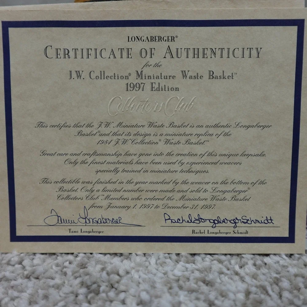 Longaberger 1997 JW Collection Miniature Waste Basket Set Liner & COA